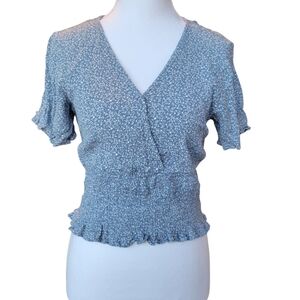 Paper Crane Blue White Dainty Floral Print Vneck Smocked Blouse